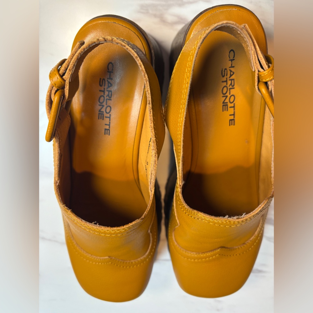 NWOT Charlotte Stone Caramel Leather Chunky Platform Slingback Clogs - Picture 4 of 10